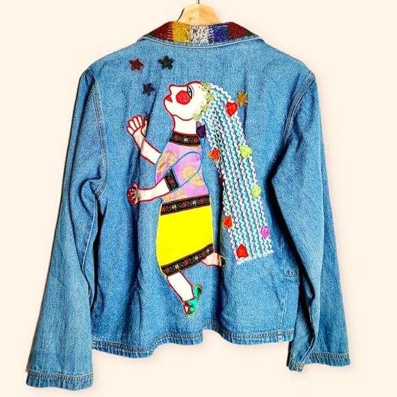 Woman's Chicos Design Embroidered Jean Jacket Beaded 8 Vintage - Picture 1 of 6
